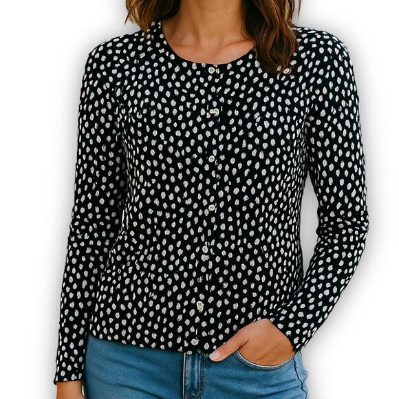 Talbots Cardigan Sweater Dot Print Black White Knit Size S - Picture 1 of 11